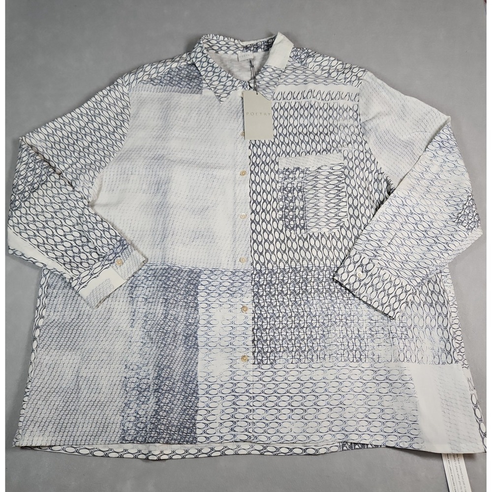 Poetry Womens White Blue Abstract Patchwork Print Button Up Shirt Size 16 NWT